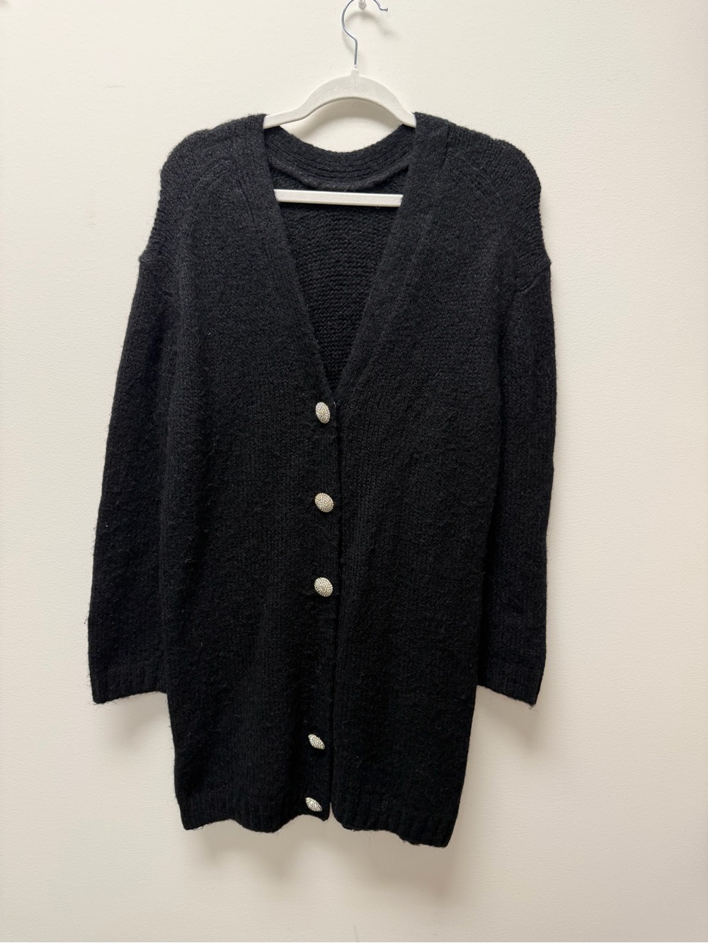 ba&sh Black Longline V‑Neck Button Cardigan